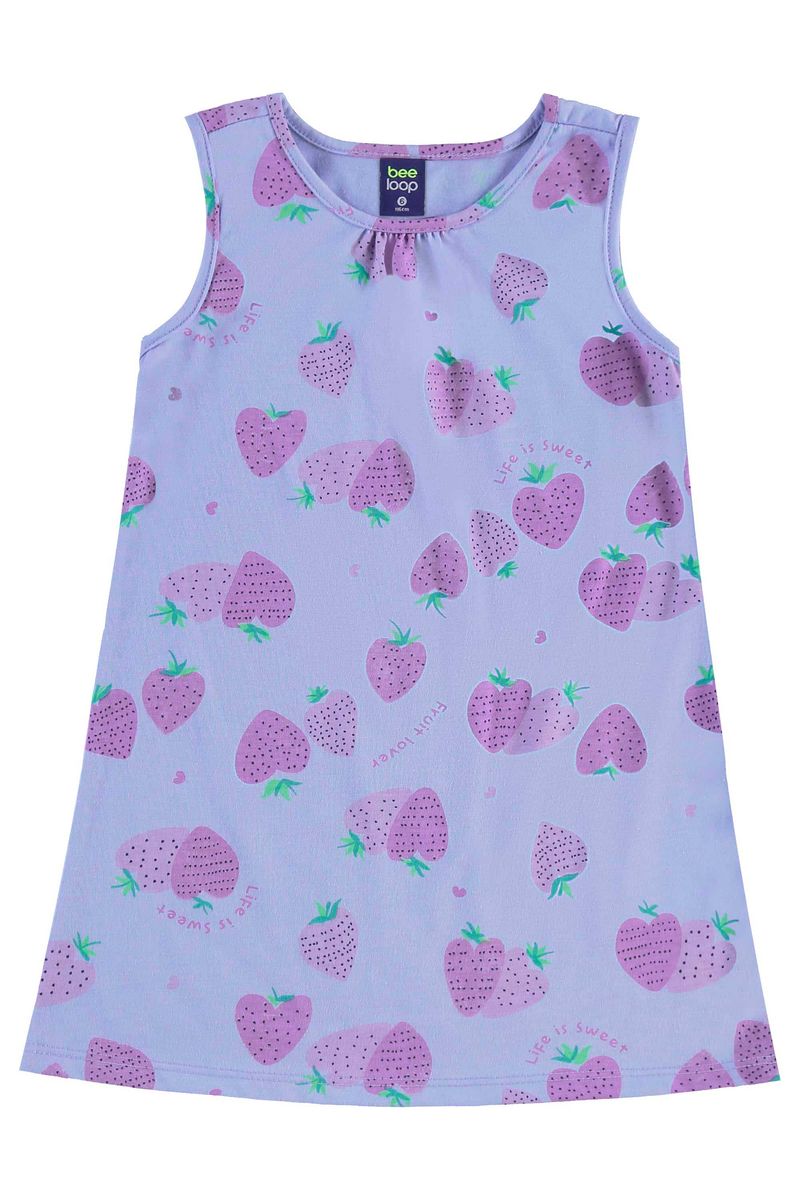 Vestido-infantil-para-menina-com-modelagem-de-regata-e-estampa-de-morangos.