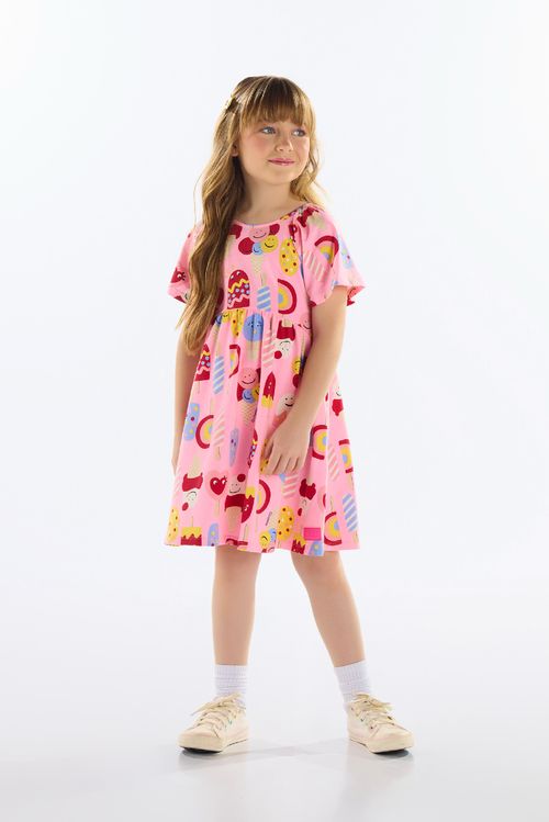 Vestido Infantil Estampado em Cotton (Rosa) Quimby