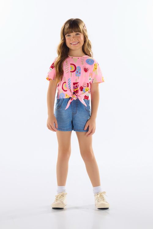 Blusa Infantil Feminina em Cotton Estampado (Rosa) Quimby