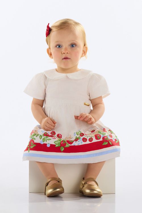 Vestido Gatinhos em Tricoline para Bebê (Off White) Quimby