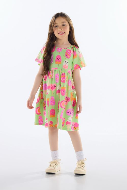 Vestido Infantil Estampado em Cotton (Verde) Quimby
