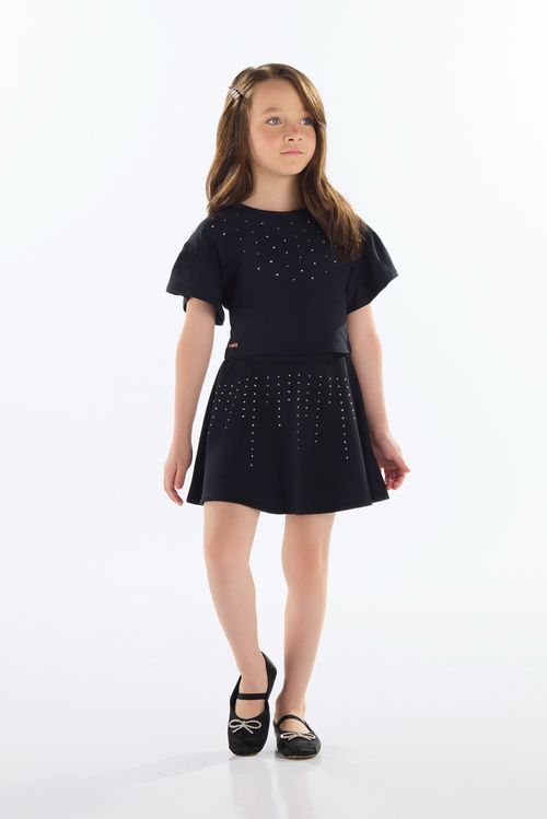 Conjunto Infantil com Blusa e Saia com Strass (Preto) Quimby