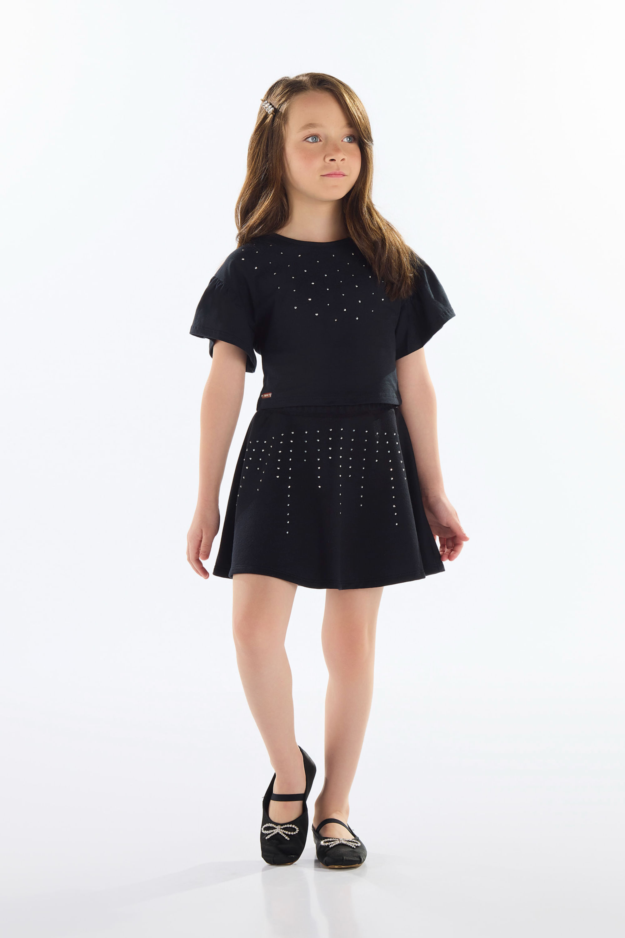 Conjunto Infantil com Blusa e Saia com Strass (Preto) Quimby