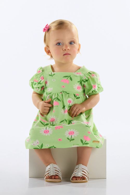 Vestido Florezinhas em Cotton para Bebê (Verde) Quimby