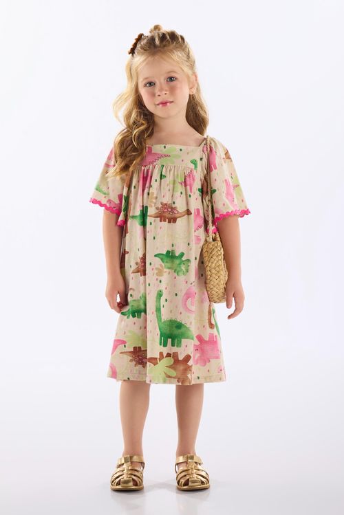 Vestido Dino Infantil em Algodão e Linho (Off White) Up Baby