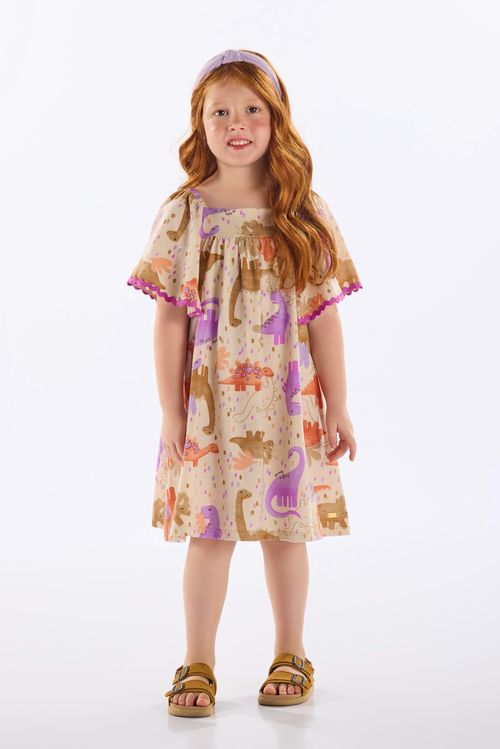 Vestido Dino Infantil em Algodão e Linho (Off White) Up Baby