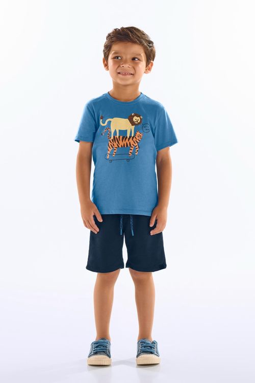 Conjunto com Camiseta Animais e Bermuda Infantil Masculino (Azul) Up Baby