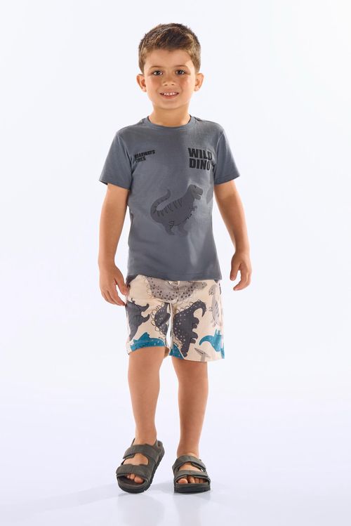 Conjunto Dino Infantil Masculino com Camiseta e Bermuda (Cinza) Up Baby