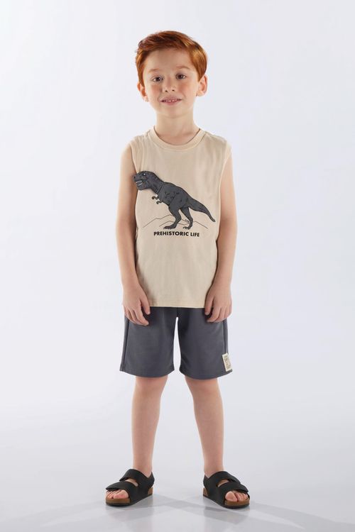 Conjunto com Regata Dino e Bermuda Infantil Masculino (Bege) Up Baby