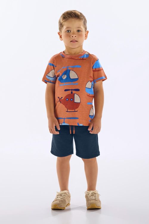 Conjunto com Camiseta Helicópteros e Bermuda Infantil Masculino (Marrom) Up Baby