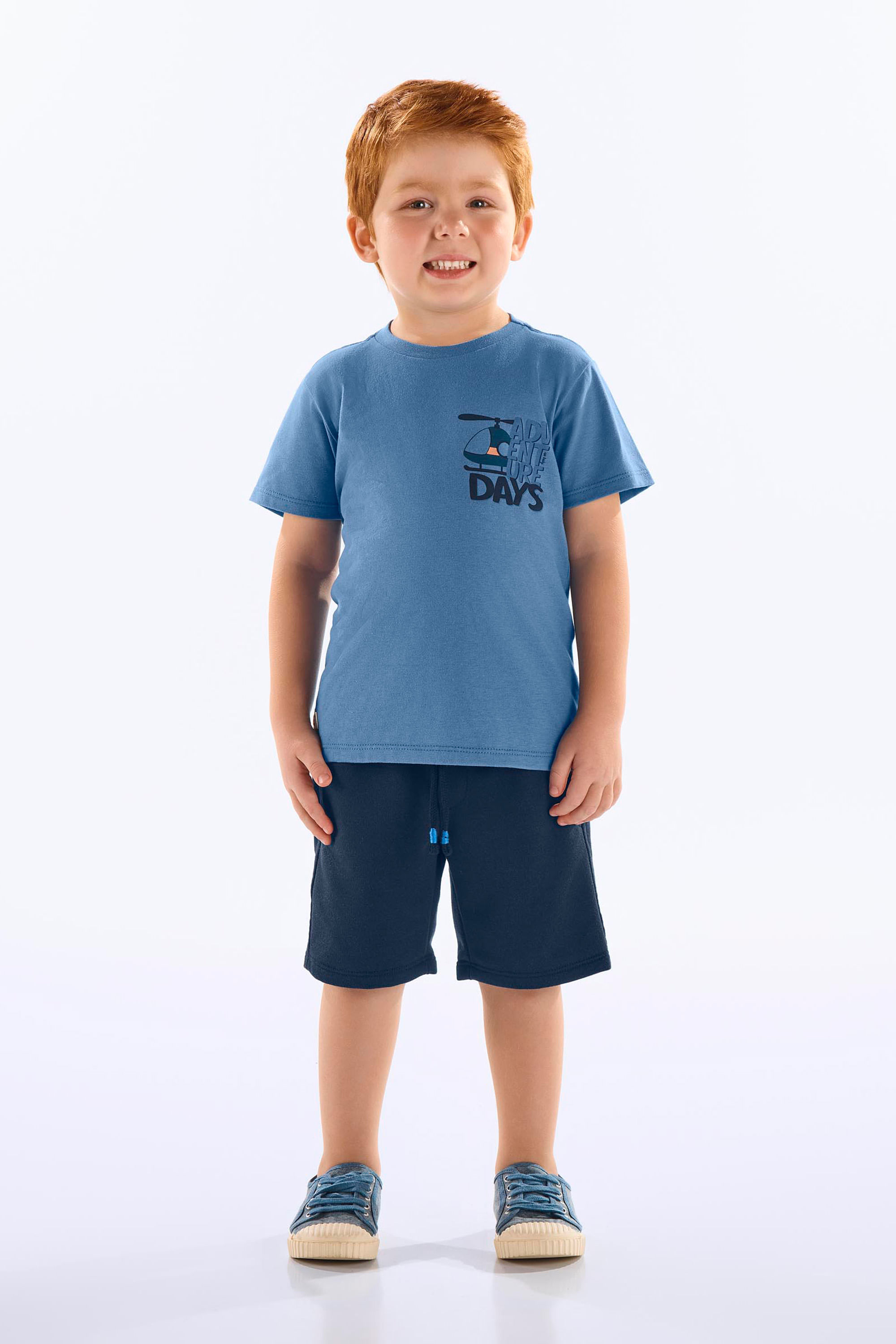 Conjunto Infantil com Camiseta em Algodão e Bermuda em Moletom (Azul) Up Baby