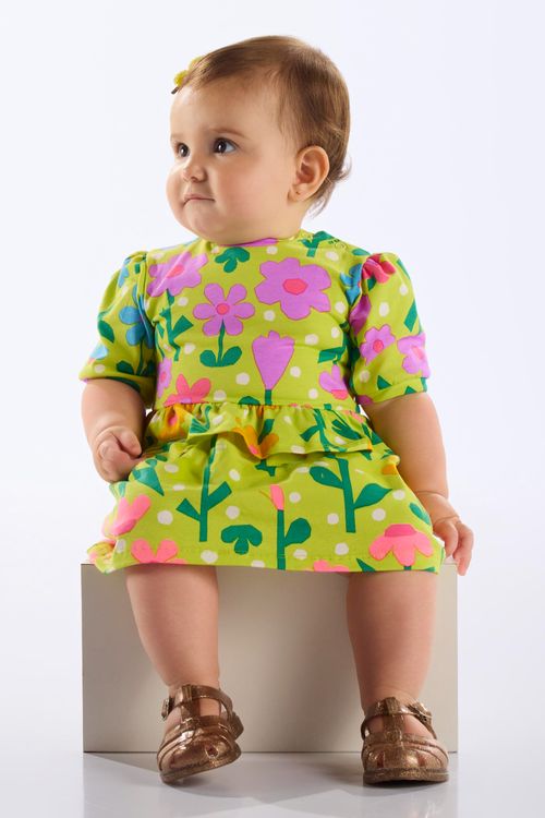 Vestido Floral em Cotton para Bebê Menina (Verde Claro) Up Baby
