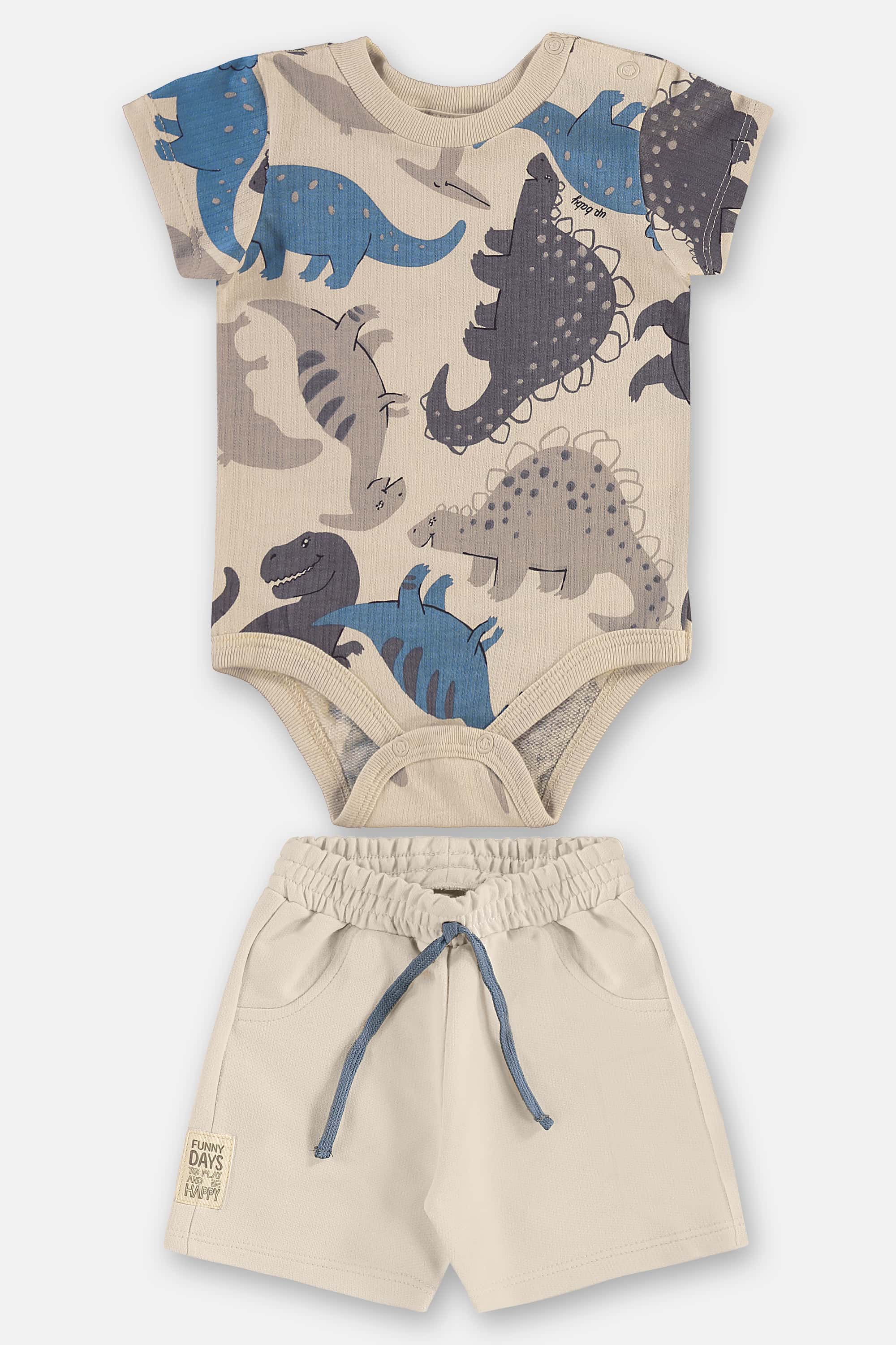 Conjunto com Body Dino e Bermuda para Bebê Menino (Bege) Up Baby