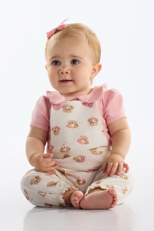 Conjunto com Jardineira Cachorrinho e Body para Bebê Menina (Rosa) Up Baby