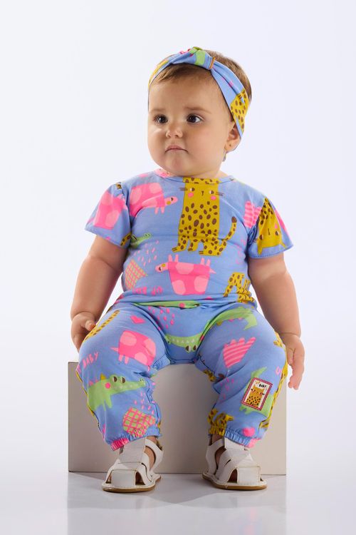 Macacão e Laço em Cotton para Bebê Menina (Azul) Up Baby