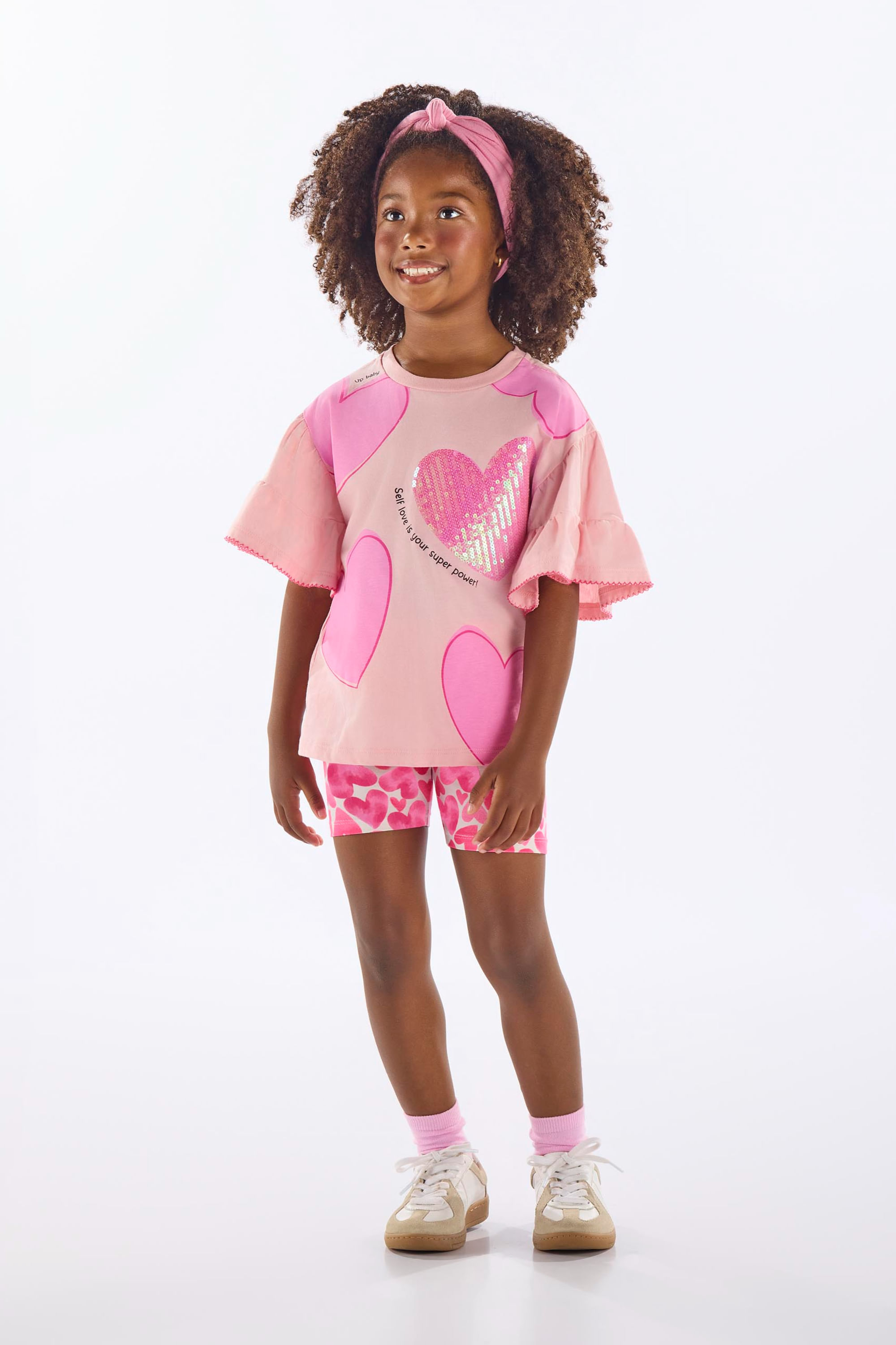 Conjunto Infantil com Bata e Bermuda Ciclista de Corações (Rosa) Up Baby