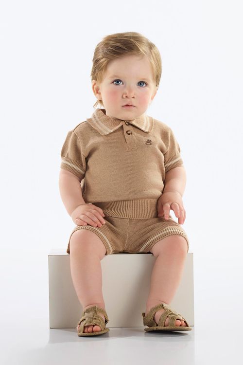 Conjunto Polo e Bermuda em Tricot para Bebê Menino (Marrom) Up Baby