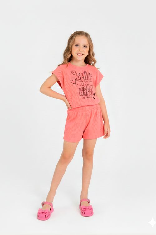 Conjunto com Blusa Cropped e Short em Ribana para Menina (Rosa) Guloseima