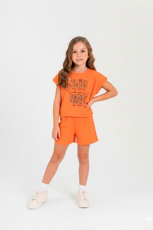 Conjunto com Blusa Cropped e Short em Ribana para Menina (Laranja) Guloseima