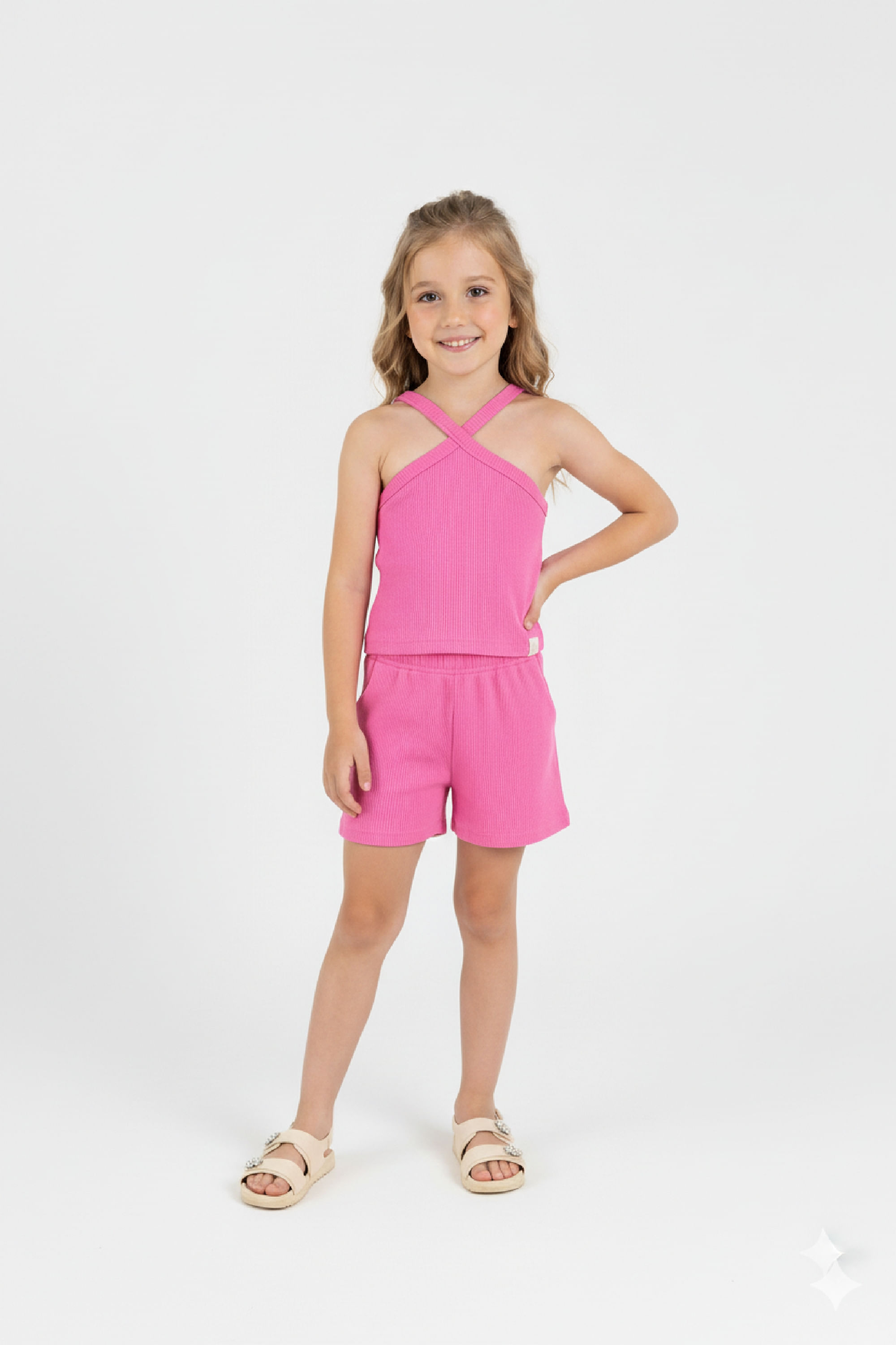 Conjunto Infantil Regata com Alça Cruzada e Short (Rosa Pink) Guloseima