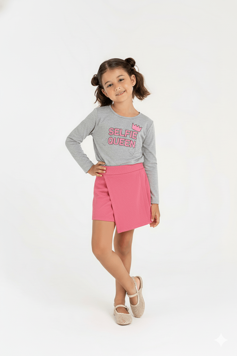 Conjunto Blusa e Short-Saia Infantil para Menina (Cinza) Guloseima