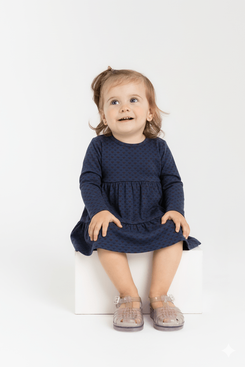 Vestido Manga Longa para Bebê em Malha Jacquard (Azul Marinho) Guloseima