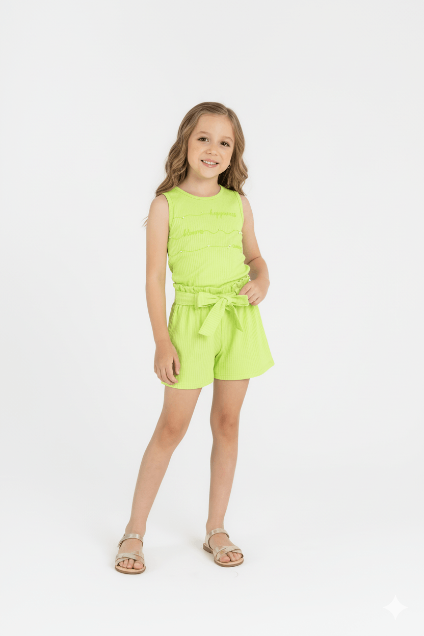 Conjunto Infantil Feminino com Regata e Short em Ribana (Verde Limão) Guloseima