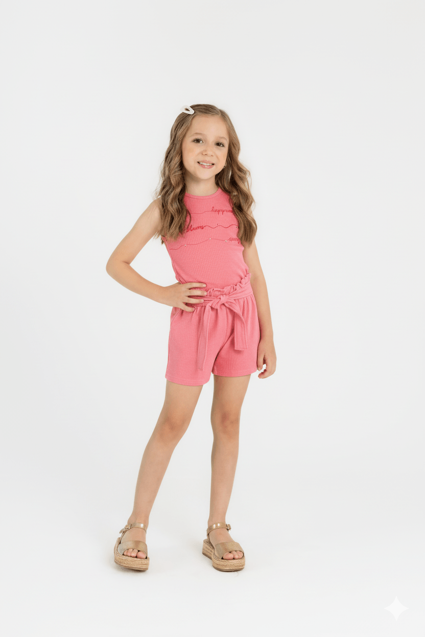 Conjunto Infantil Feminino com Regata e Short em Ribana (Pink Fluorescente) Guloseima