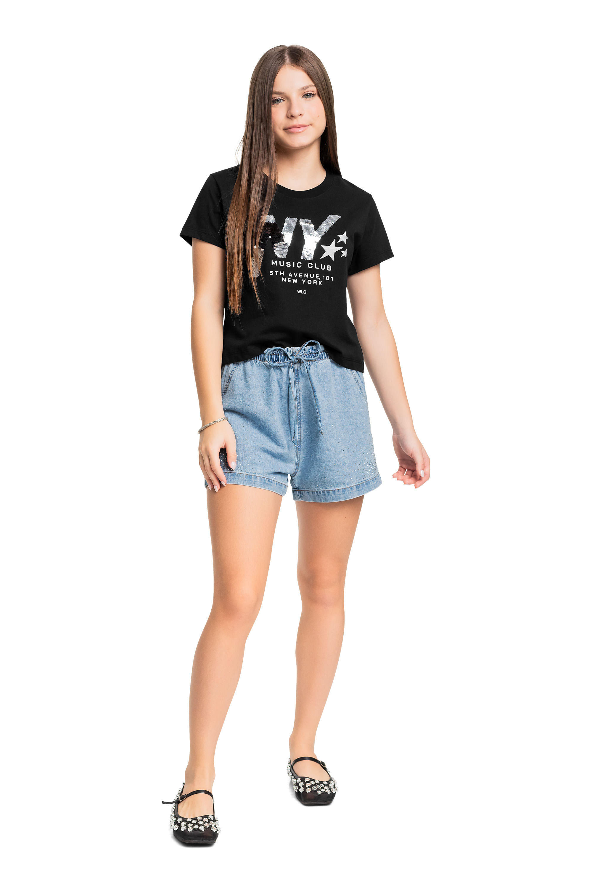 Blusa Juvenil com Paetê para Menina (Preto) Gloss