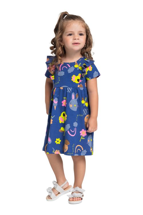 Vestido Bichinhos Infantil para Menina (Azul Marinho) Bee Loop