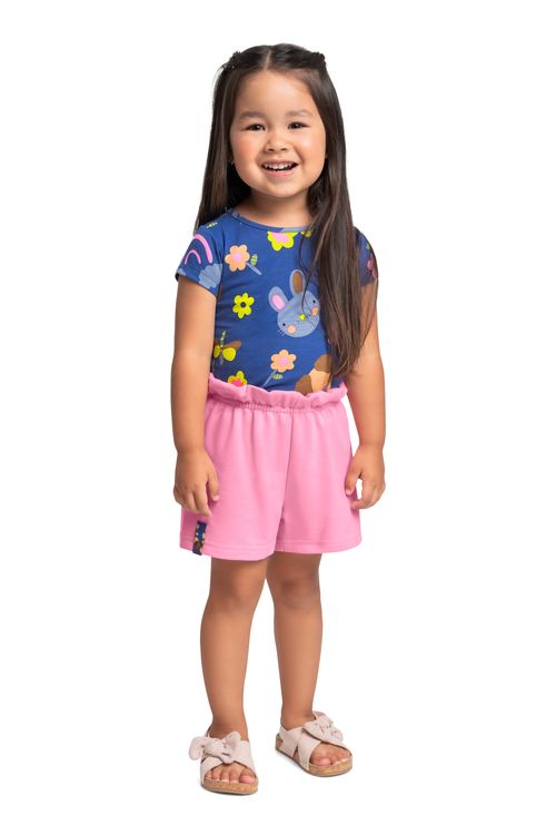 Conjunto Infantil com Blusa de Bichinhos e Short para Menina (Azul Marinho) Bee Loop