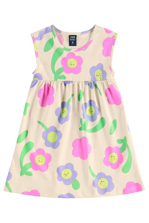 Vestido Infantil de Florezinhas para Menina (Bege) Bee Loop