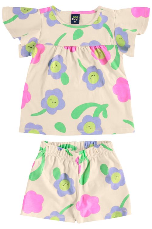 Conjunto Infantil Florezinhas com Blusa e Short para Menina (Bege) Bee Loop