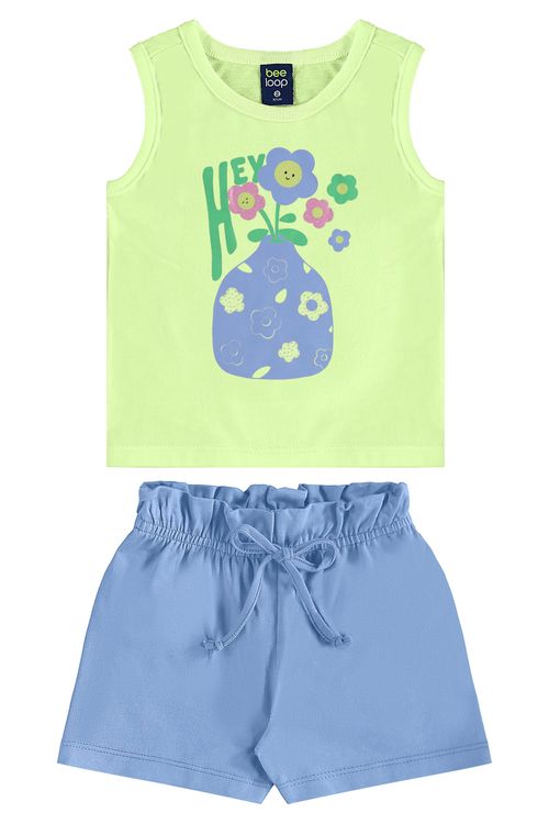 Conjunto com Regata de Florezinhas e Short para Menina (Verde) Bee Loop