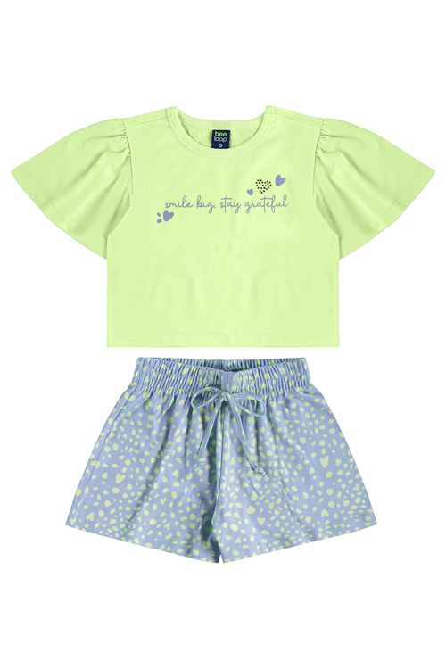Conjunto com Blusa Cropped e Short Estampado para Menina (Verde) Bee Loop