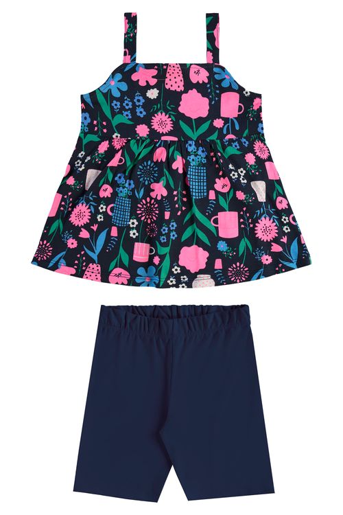 Conjunto com Bata Floral e Bermuda Ciclista para Menina (Azul Marinho) Bee Loop