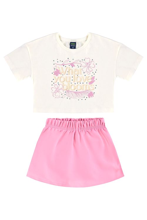 Conjunto com Blusa Cropped e Short-Saia em Moletom para Menina (Off White) Bee Loop