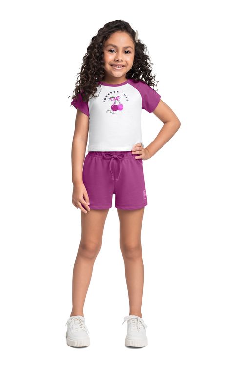 Conjunto com Blusa Cropped Cerejinhas e Short para Menina (Branco) Bee Loop