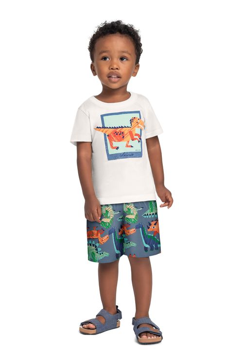 Conjunto Dino com Camiseta e Bermuda para Menino (Off White) Bee Loop