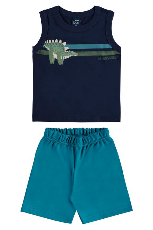 Conjunto com Regata Dino e Bermuda para Menino (Azul Marinho) Bee Loop