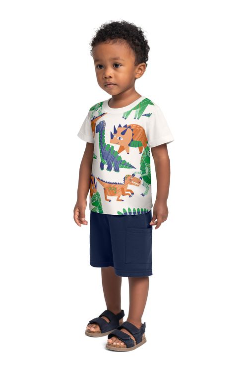Conjunto com Camiseta Dino e Bermuda para Menino (Off White) Bee Loop