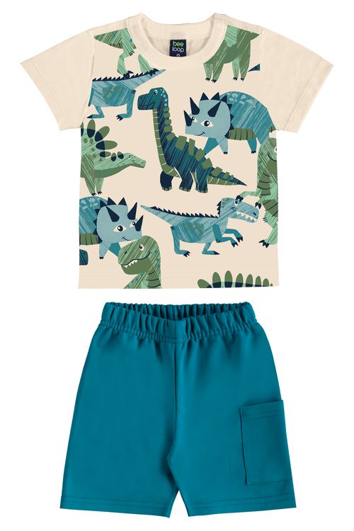 Conjunto com Camiseta Dino e Bermuda para Menino (Bege) Bee Loop