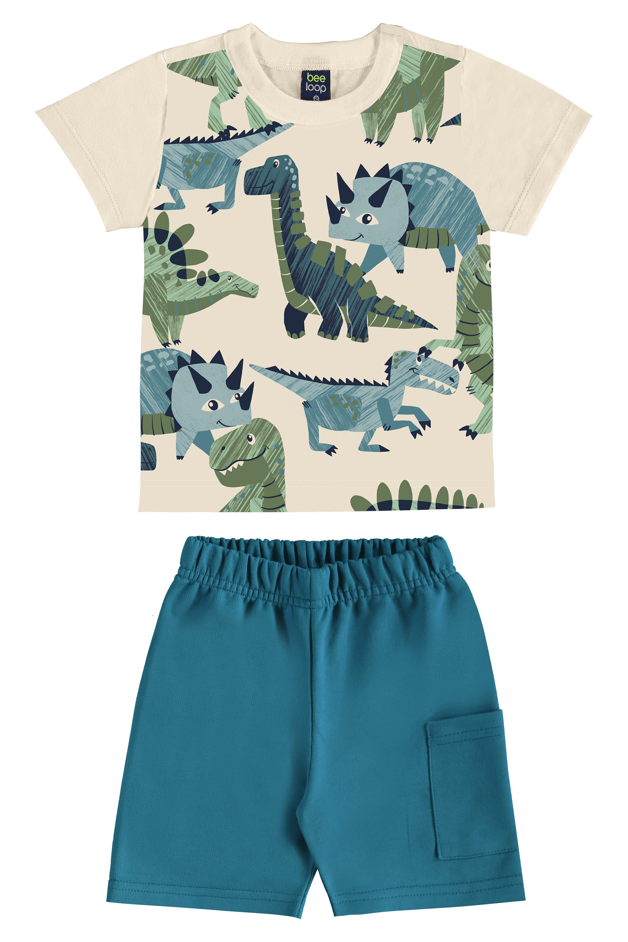 Conjunto com Camiseta Dino e Bermuda para Menino (Bege) Bee Loop