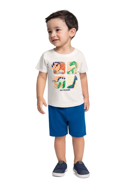 Conjunto Infantil com Camiseta Dino e Bermuda para Menino (Off White) Bee Loop