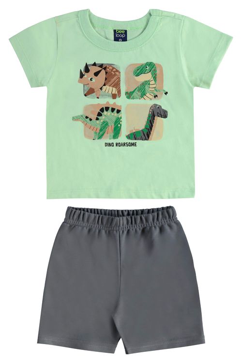 Conjunto Infantil com Camiseta Dino e Bermuda para Menino (Verde Claro) Bee Loop