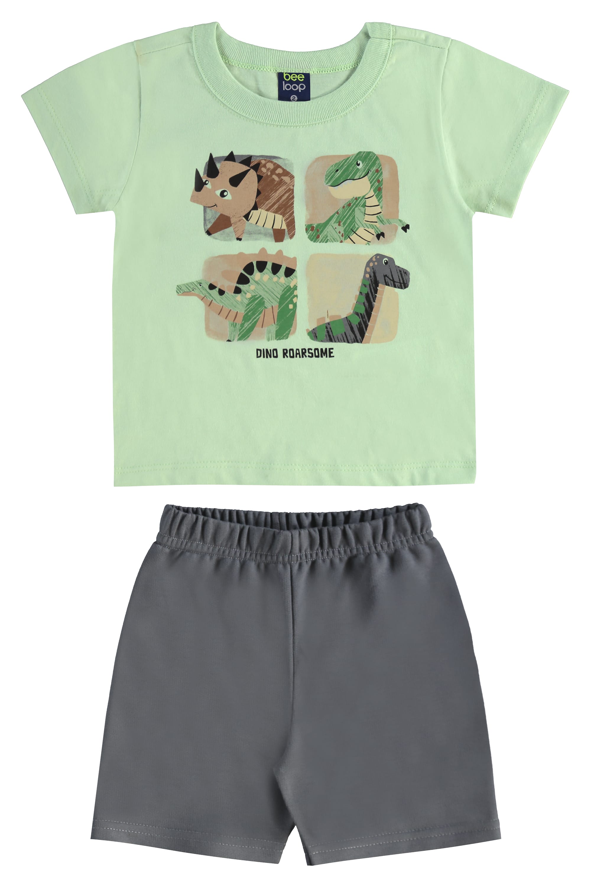 Conjunto Infantil com Camiseta Dino e Bermuda para Menino (Verde Claro) Bee Loop