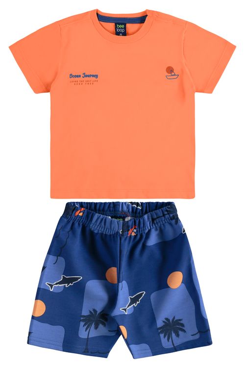Conjunto Infantil com Camiseta e Bermuda Tubarão para Menino (Laranja) Bee Loop