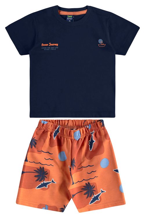 Conjunto Infantil com Camiseta e Bermuda Tubarão para Menino (Azul Marinho) Bee Loop