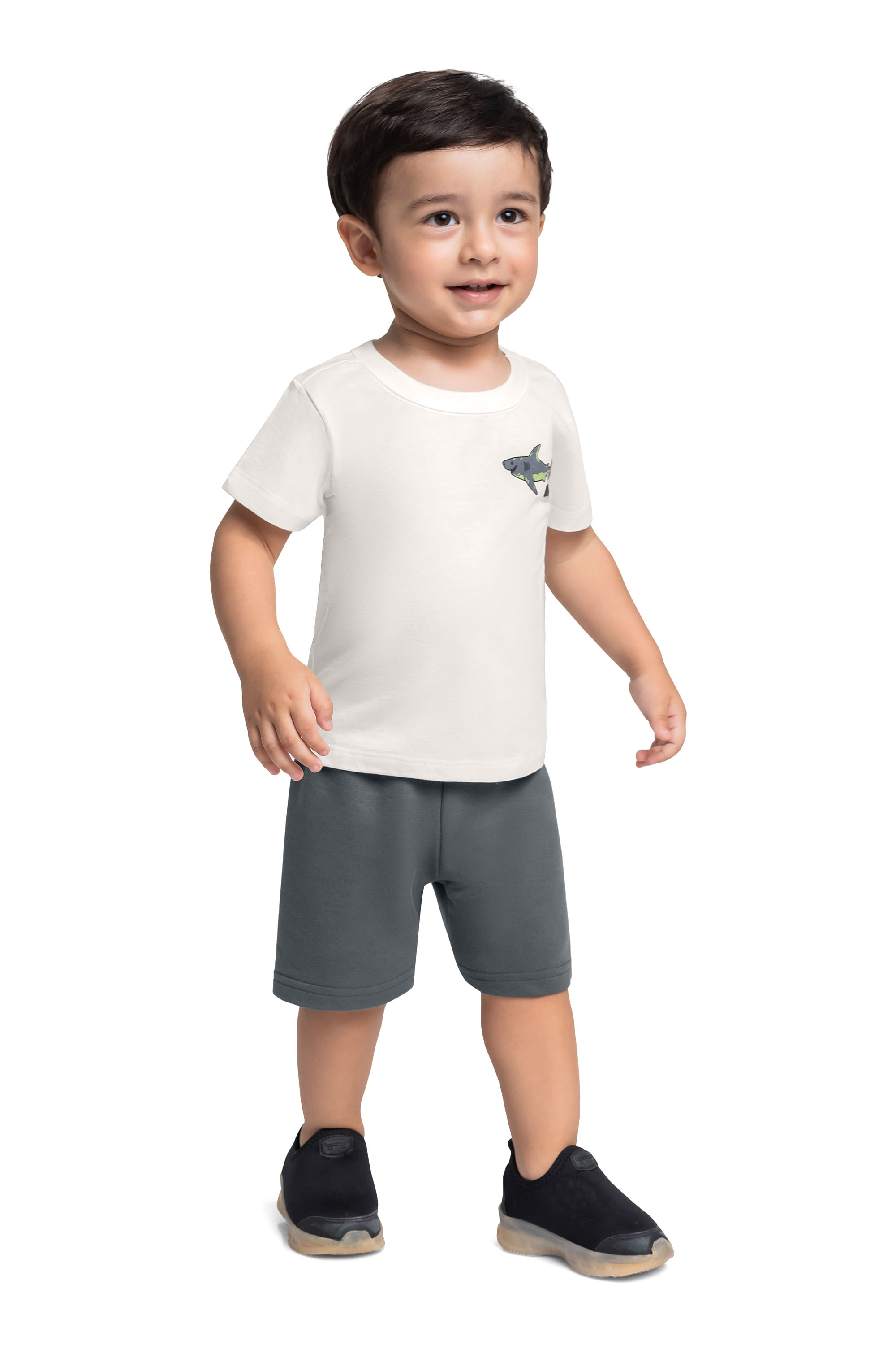 Conjunto Infantil com Camiseta Tubarão e Bermuda para Menino (Off White) Bee Loop