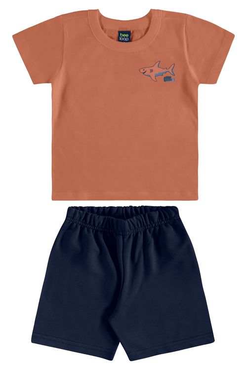 Conjunto Infantil com Camiseta Tubarão e Bermuda para Menino (Marrom) Bee Loop